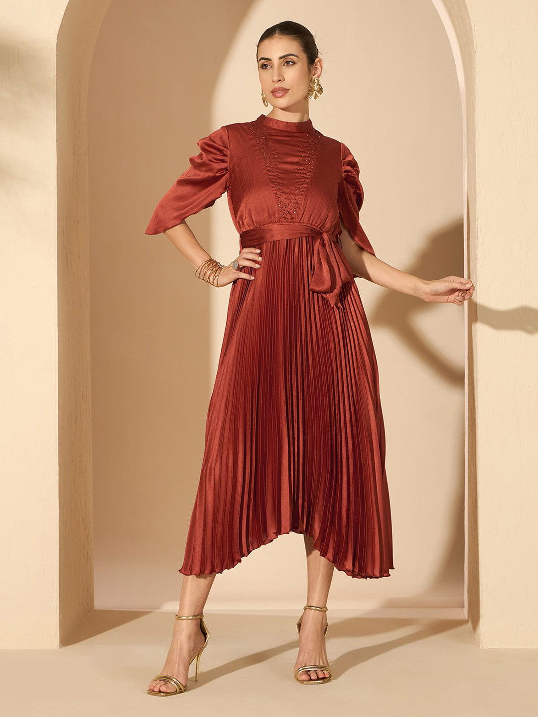 Antheaa Women Satin embellished Fit and Flare Midi Dress