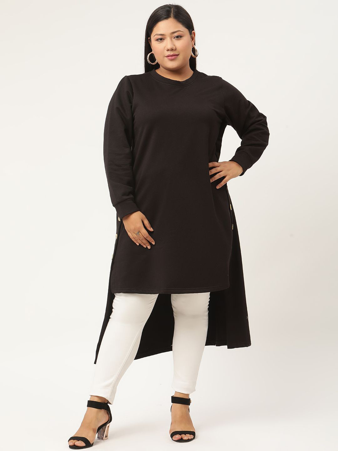 theRebelinme Women Plus Size Round Neck Cotton Longline High-Low Top