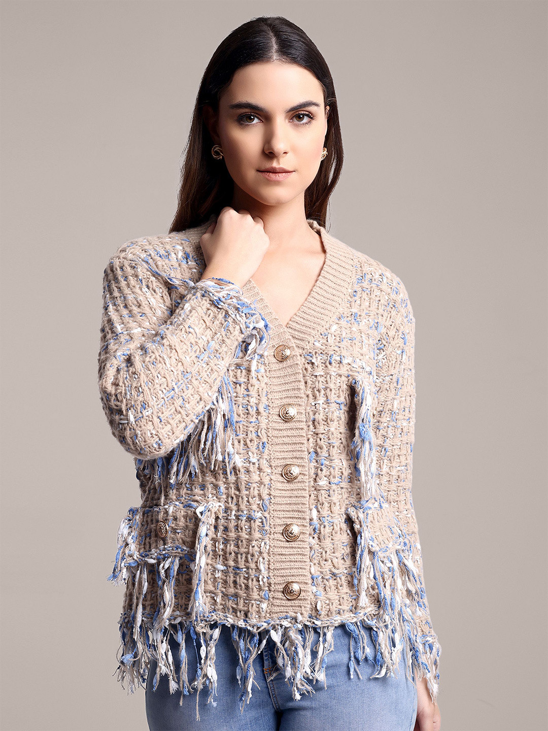 iki chic Women Front-Open Fringes Detail Woollen Cardigan