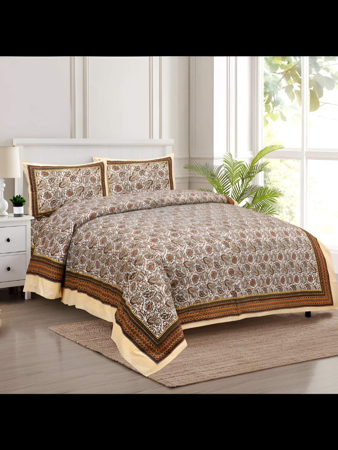 BED-SHEET.COM Brown Graphic Cotton 180 TC King Fine Bedsheet with 2 Pillow Covers-108 x 88 inches