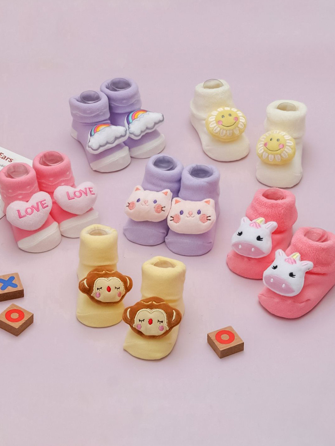 Yellow Bee Infant Girls Pack Of 6 Printed Ankle-Length Cotton Rattle Socks