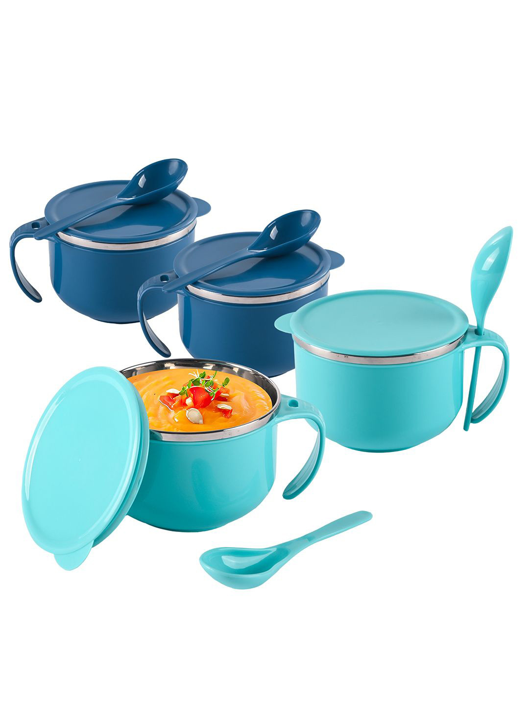 Kuber Industries Blue & Navy Blue 4 Pcs Airtight-Lid 600ml Soup Bowl with Spoon & Holder