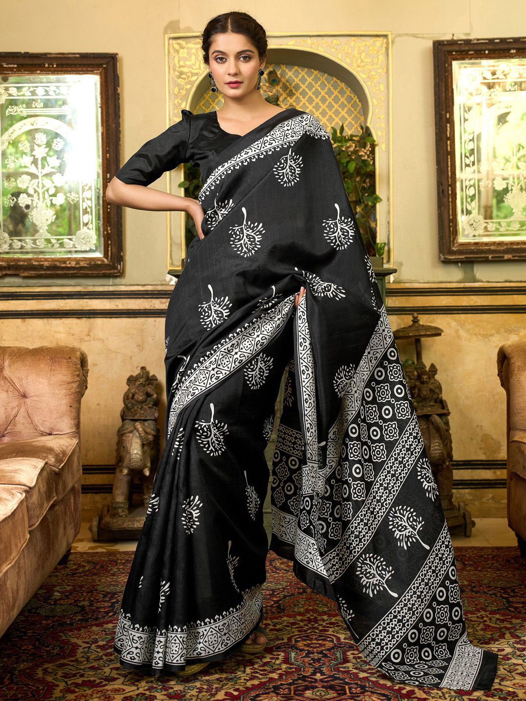 KALINI Bagh Silk Blend Designer Block Print Saree