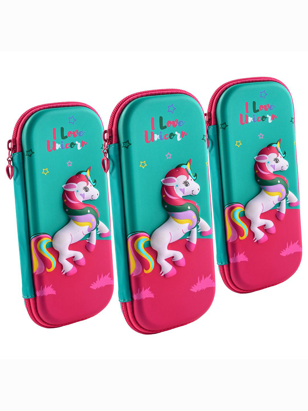 Kuber Industries Pink & Green 3 Pieces Unicorn Printed Pen Cases Stationery