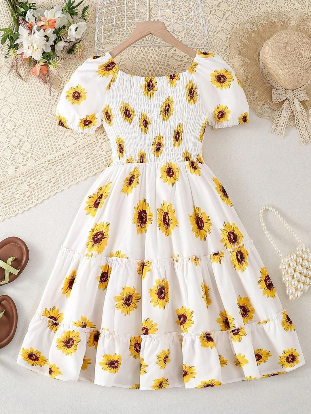 Miss & Chief Girls Floral Printed Smocked Fit & Flare Cotton Maxi Dress