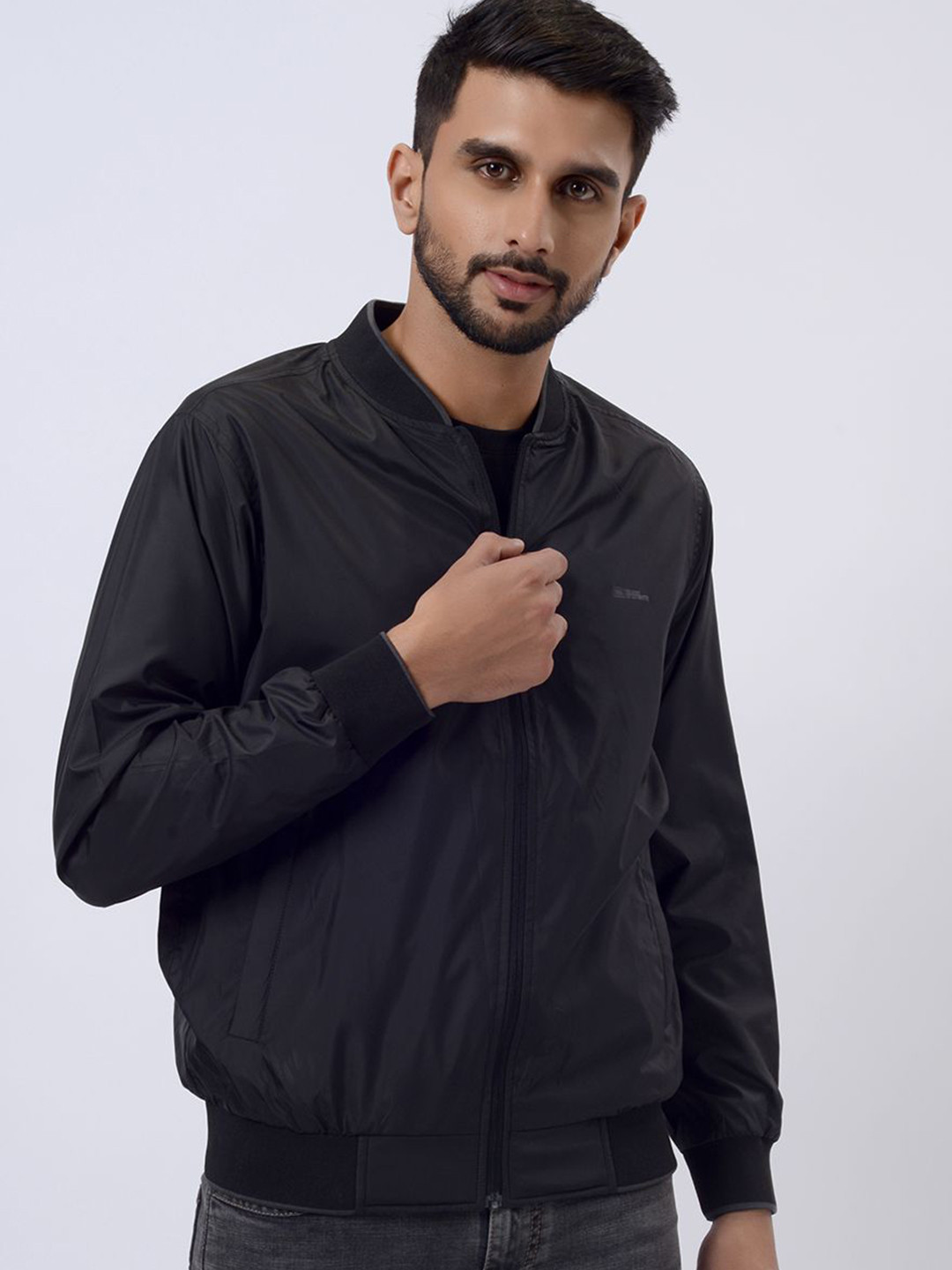 JADE BLUE Men Geometric Bomber with Patchwork Jacket