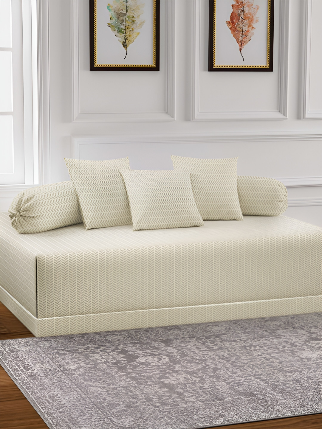 Arrabi Cream-Color & Brown 6 Pieces Striped Printed Diwan Set