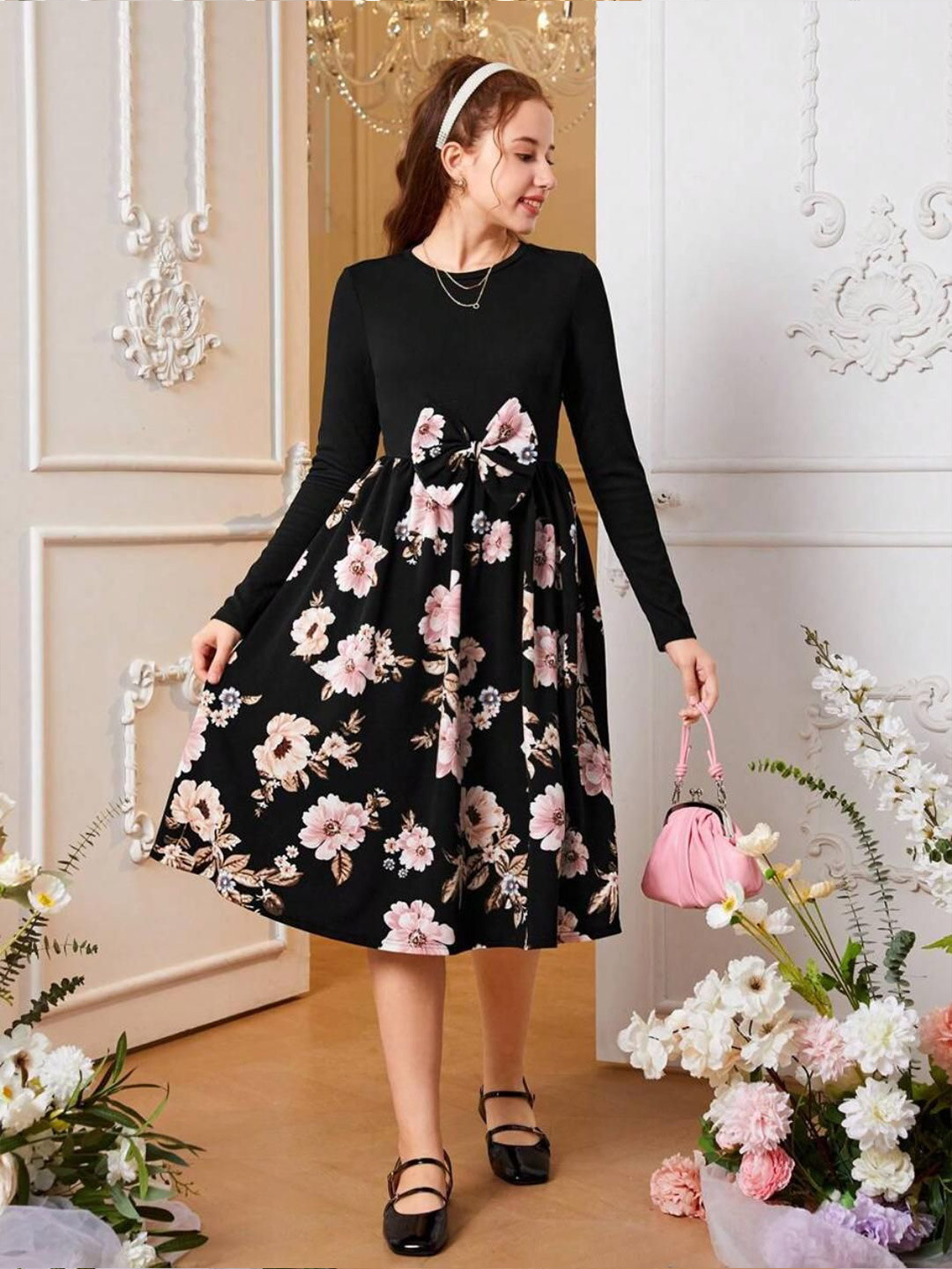 Miss & Chief Girls Floral Printed Fit & Flare Midi Dress