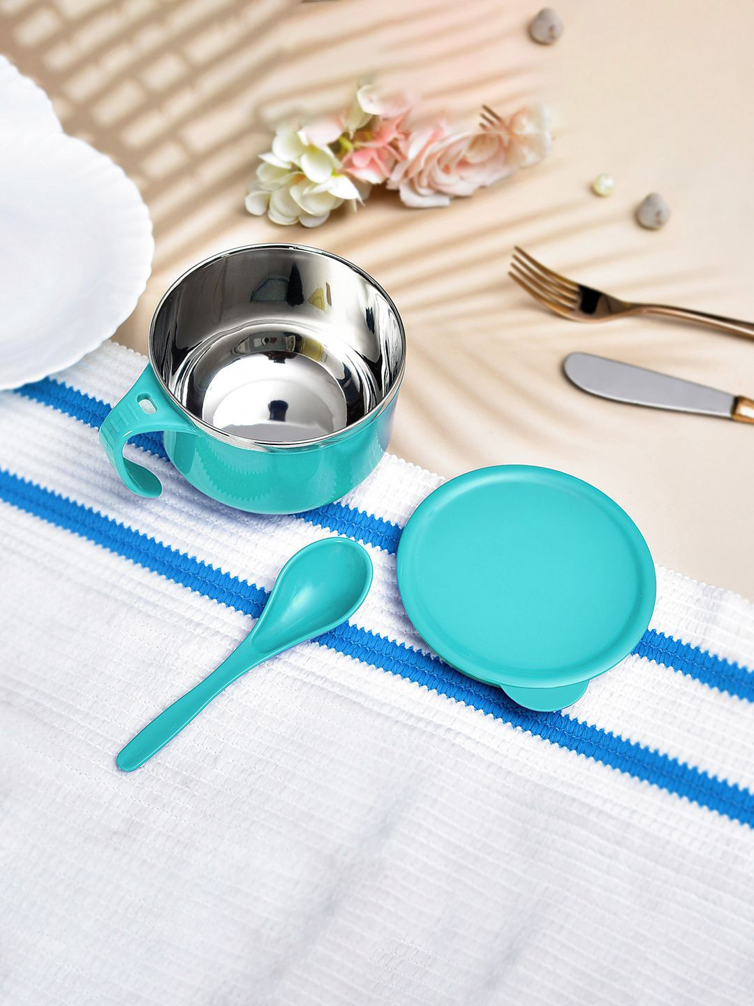 Kuber Industries Blue & Brown 6 Pieces Stainless Steel Serving Bowl & Spoons - 600ml Each