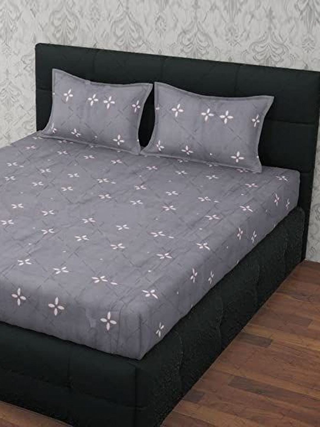 Aura Rr Creations Grey Floral Microfiber Skin-Friendly 144 TC Queen Bedsheet with 2 Pillow Covers-228 x 254 cm