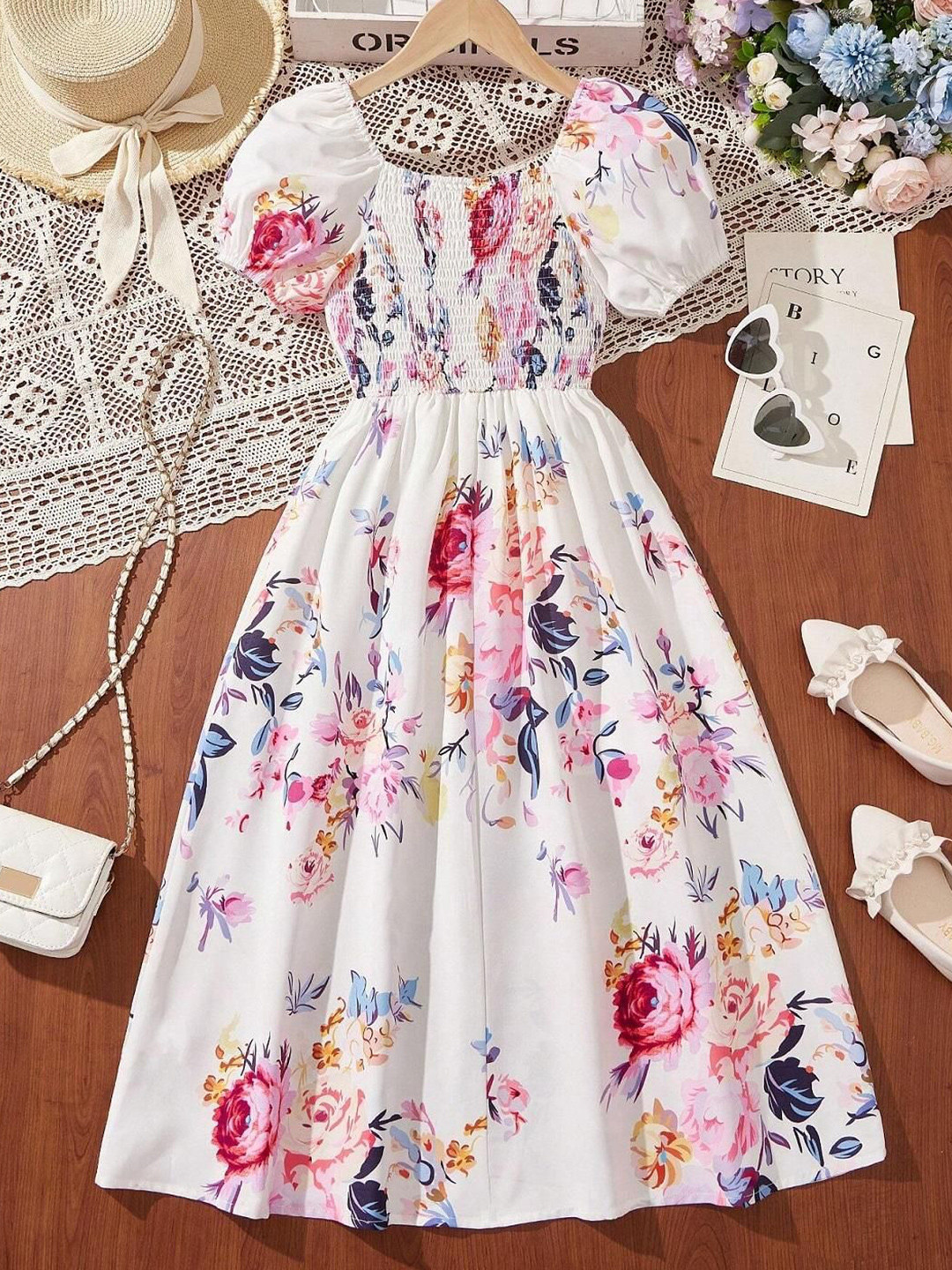 Miss & Chief Girls Floral Printed Smocked Tiered Fit & Flare Maxi Dress