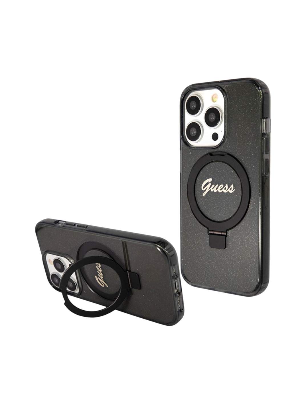 GUESS HC RING STAND MAGSAFE SCRIPT LOGO GLITTER IPHONE 15 PRO MAX - BLACK