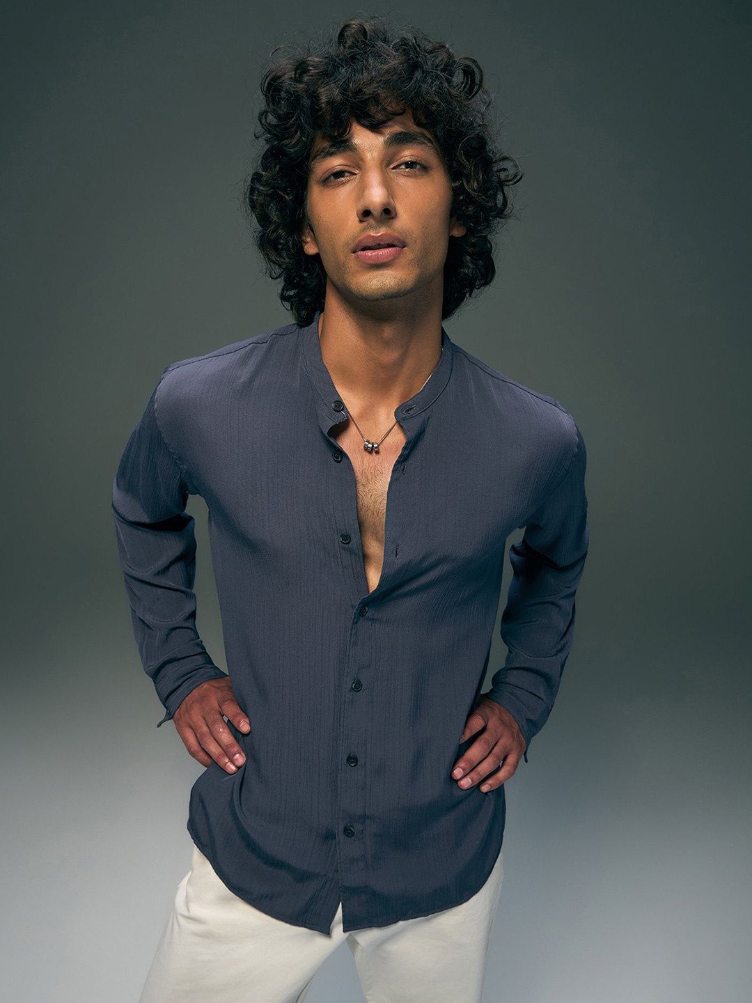 Flying Machine Self Design Band Collar Long Sleeves Regular Fit Shirt