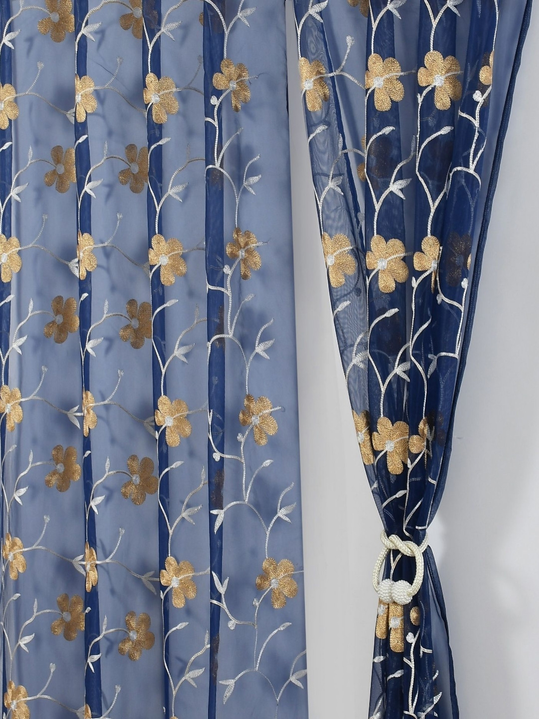 Aura Navy Blue & Brown Set of 2 Embroidered Sheer Door Curtain