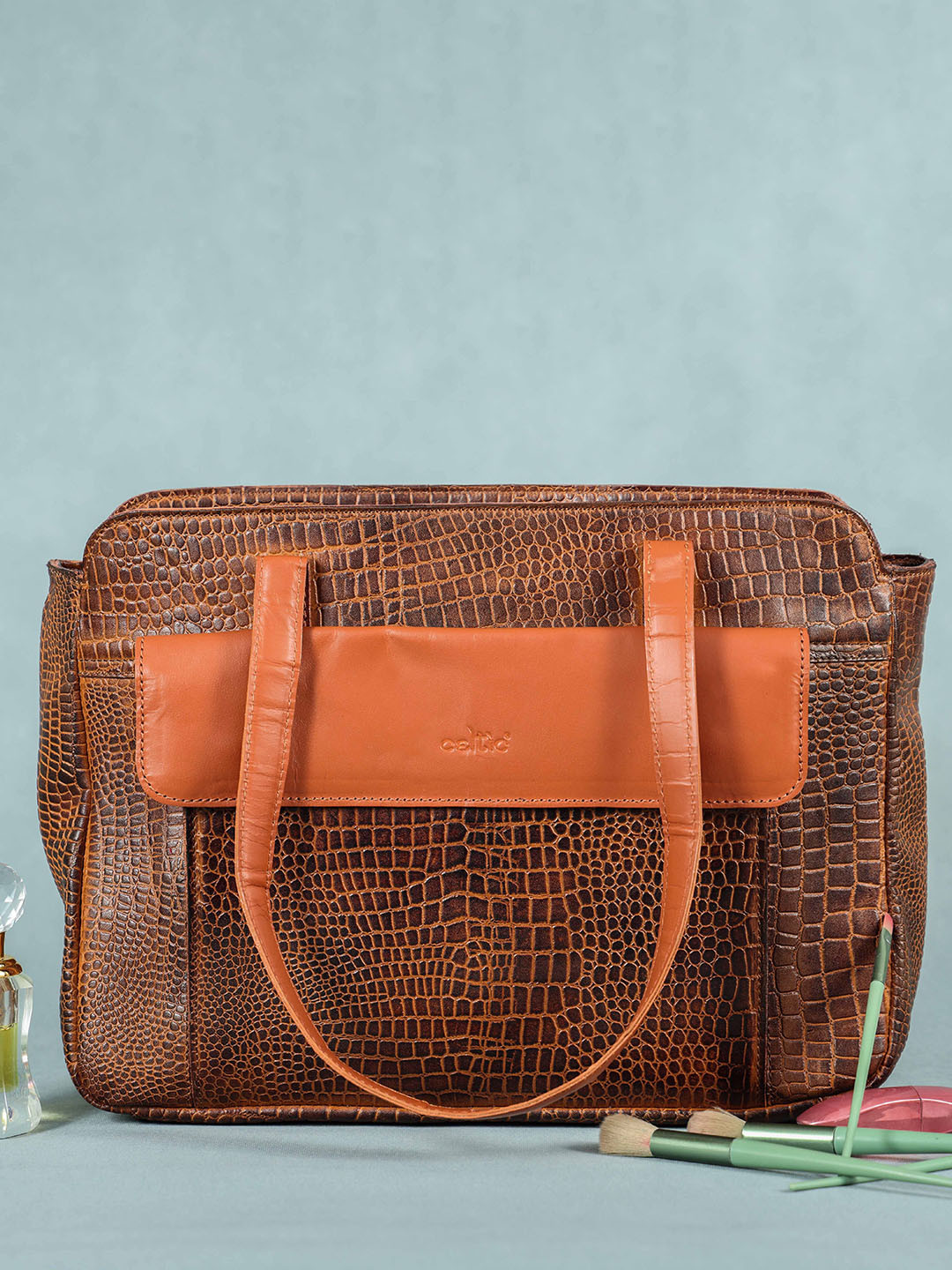 Celtic Tan AnimalTextured Leather Tote Bag MultiCompartment with Tablet Sleeve