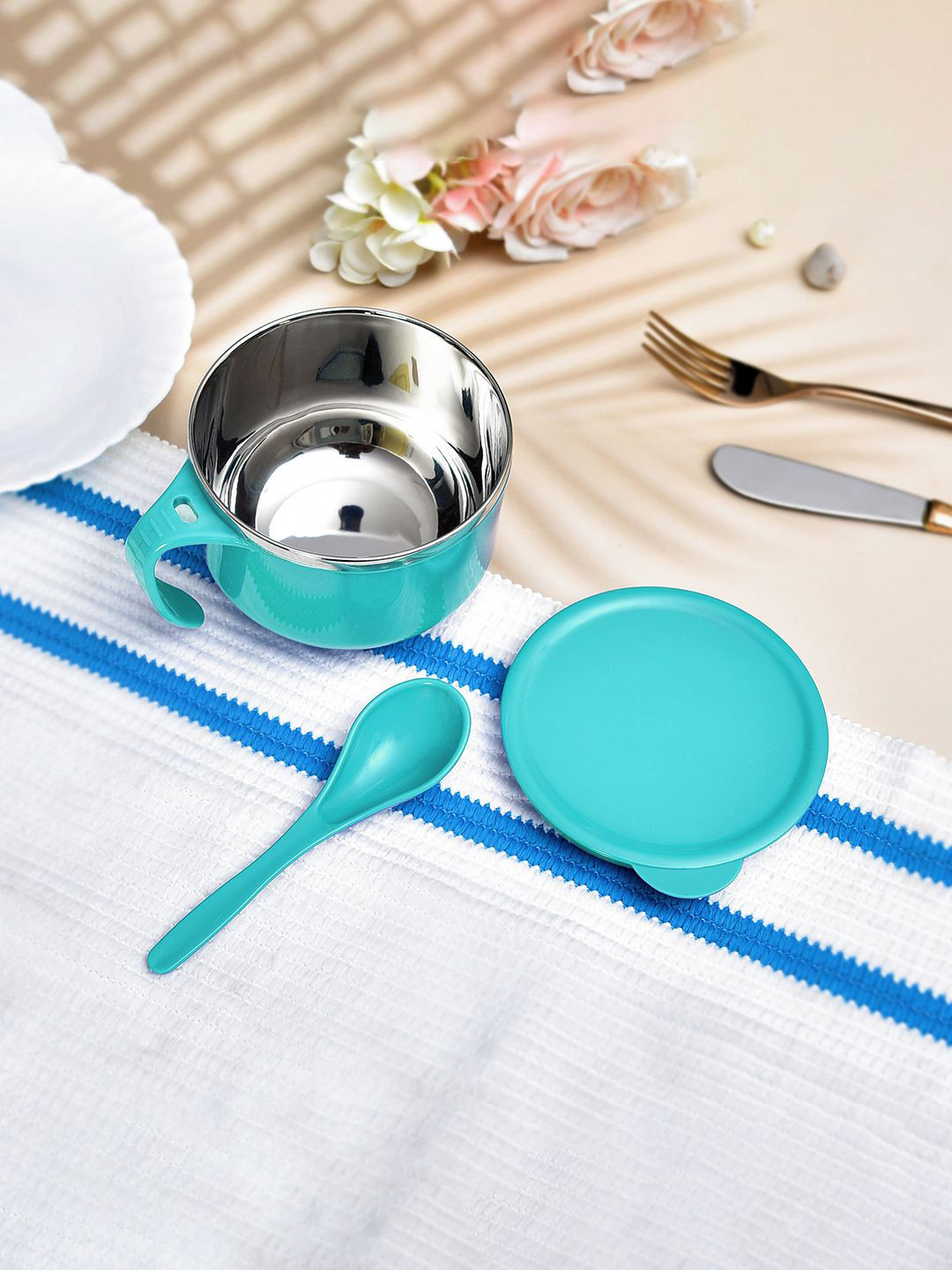 Kuber Industries Blue 2 Pieces Stainless Steel Soup Bowls With Spoon & Holder 600 ml Each