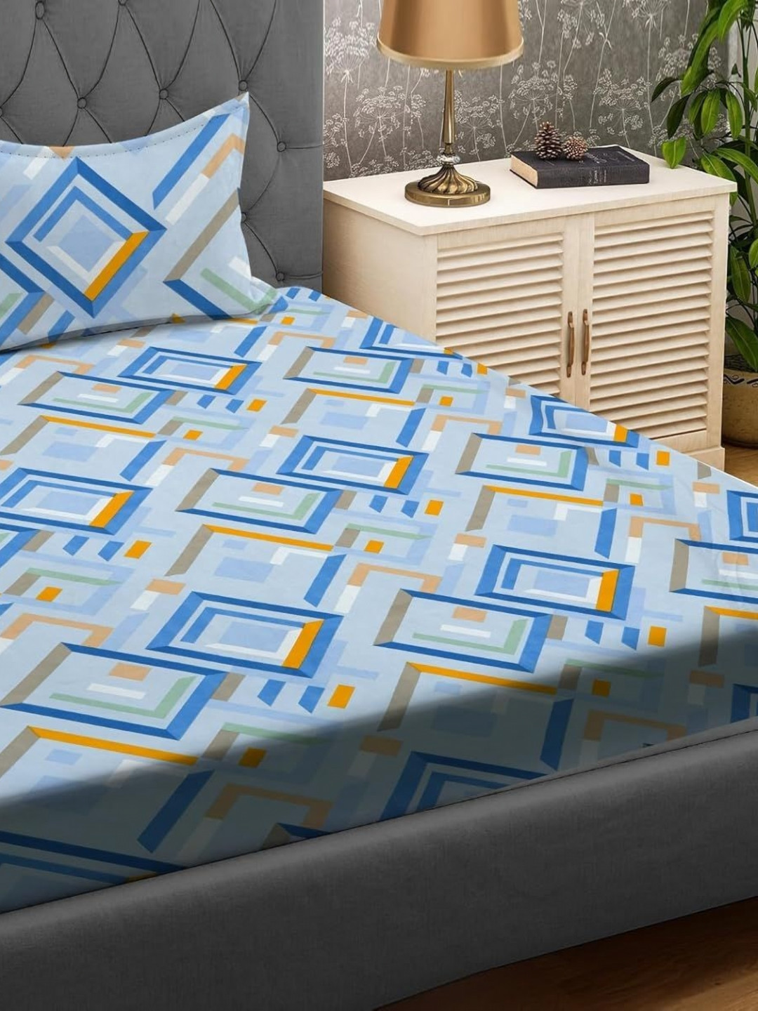 Aura Rr Creations Blue Geometric Microfiber 144 TC Queen Bedsheet with 2 Pillow Covers-228 x 254 cm