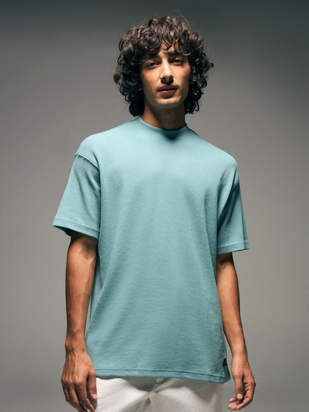 Flying Machine Self Design Waffle Knit Drop-Shoulder Sleeves Relaxed Fit T-shirt