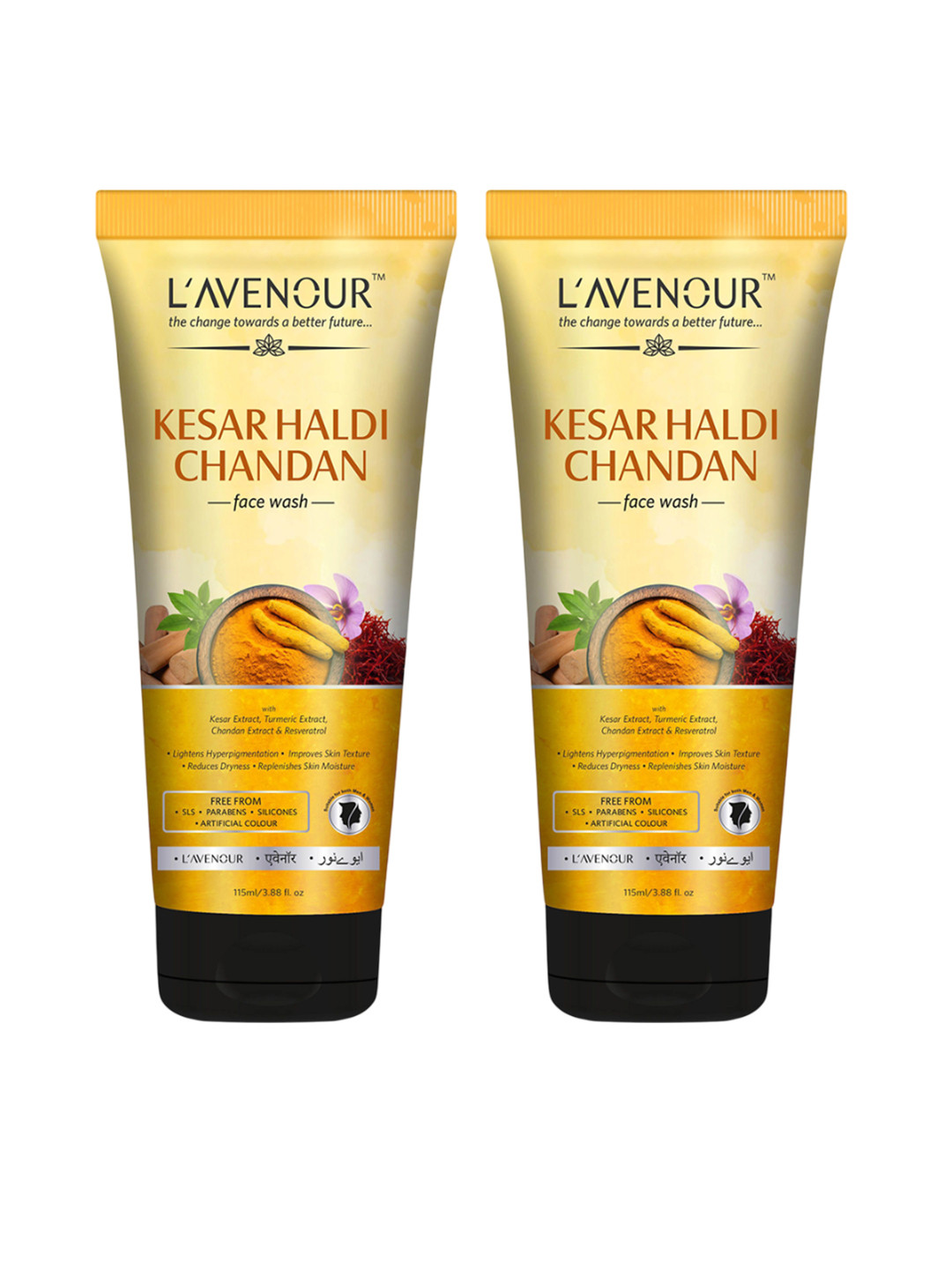L'AVENOUR Set Of 2 Kesar Haldi Chandan Face Wash With Turmeric Extract - 115 ml Each