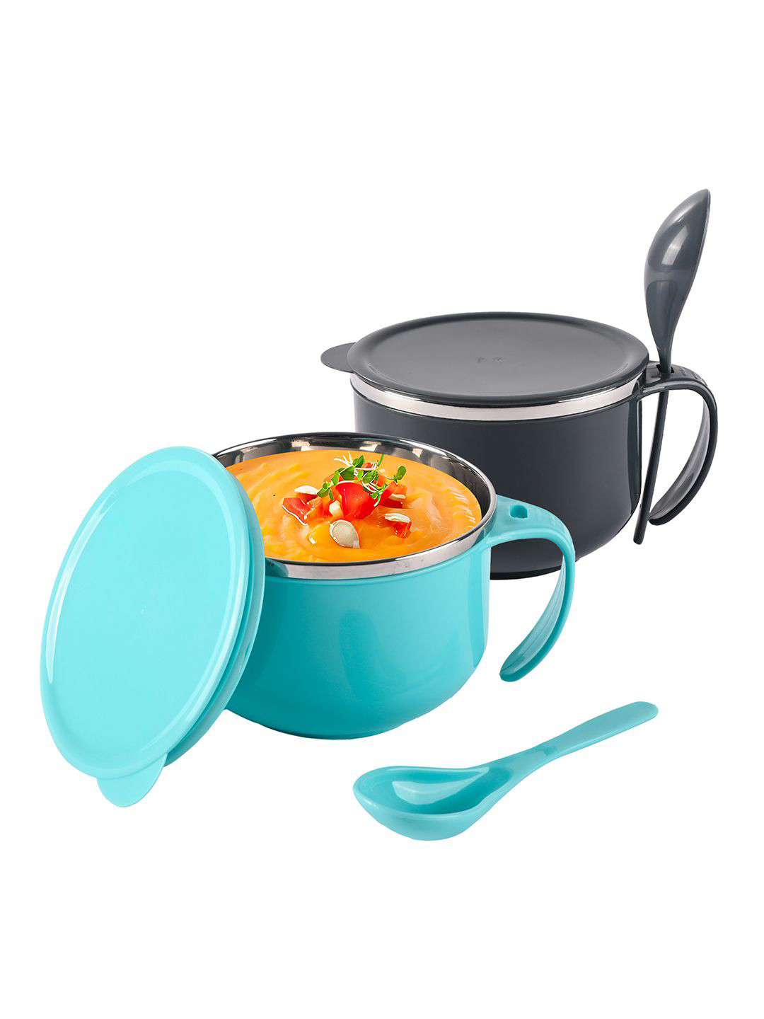 Kuber Industries Blue 2 Pieces Soup Bowl with Spoon & Holder 600ml