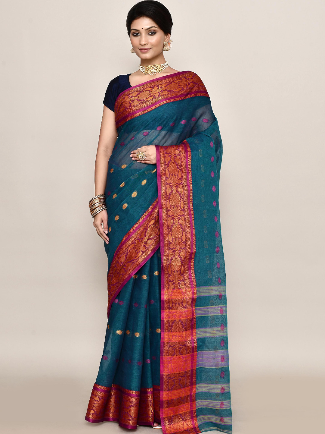 PUKU Ethnic Motifs Patchwork Pure Cotton Handloom Taant Saree