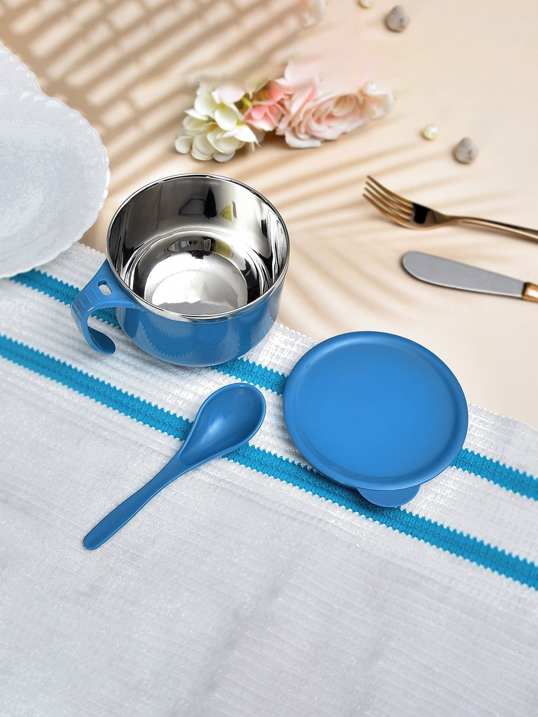 Kuber Industries Navy Blue 6 Pieces Stainless Steel Soup Bowls With Spoons 600 ml