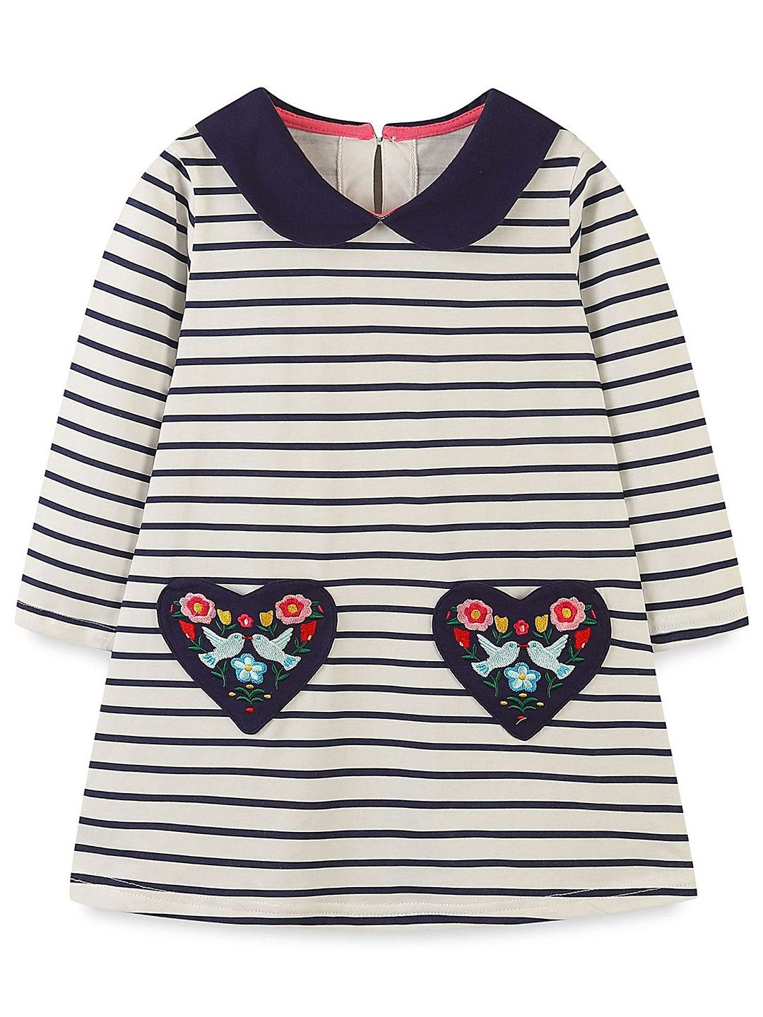 LULU & SKY Girls Striped Embroidery Detail Cotton Peter Pan Collar Long Sleeves Dress
