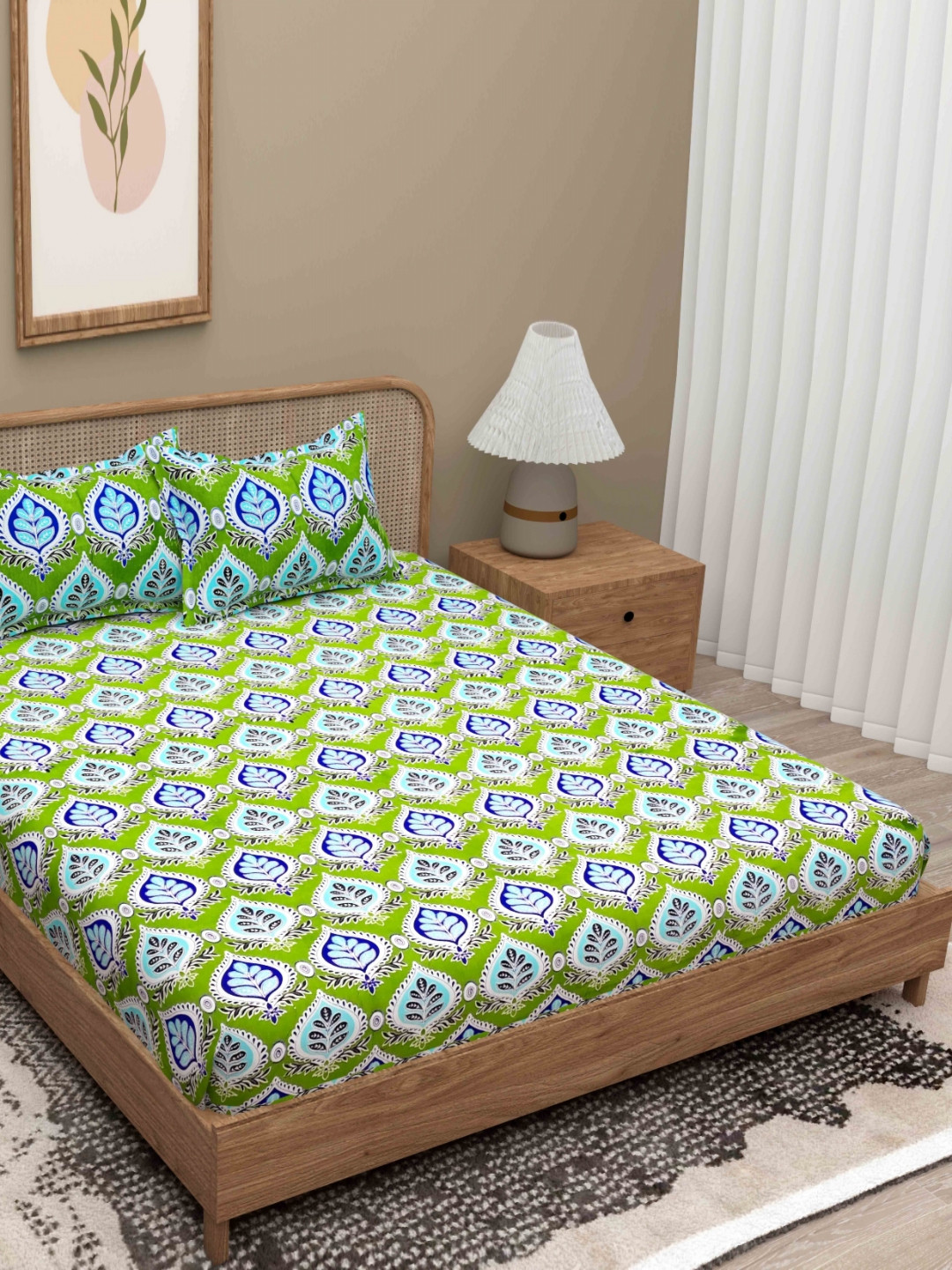 Lali Prints Jaipuri Green Floral Cotton 180 TC Queen Fine Bedsheet with 2 Pillow Covers-106 x 91 inches