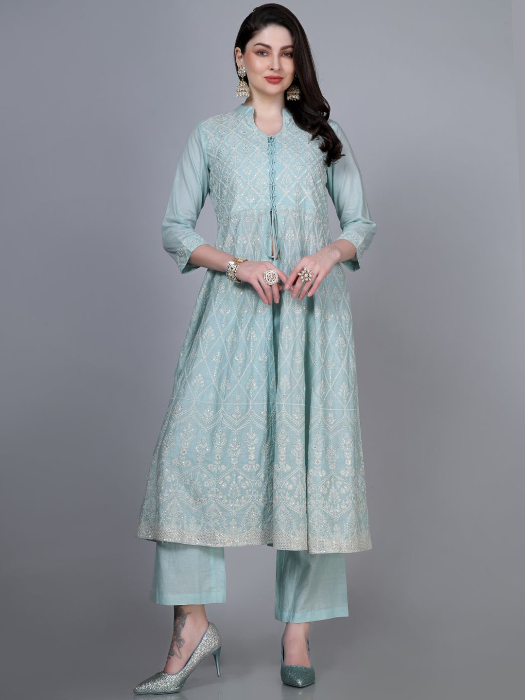 Laxis Women Floral Embroidered Regular Thread Work Pure Cotton A-Line Kurta With Trousers
