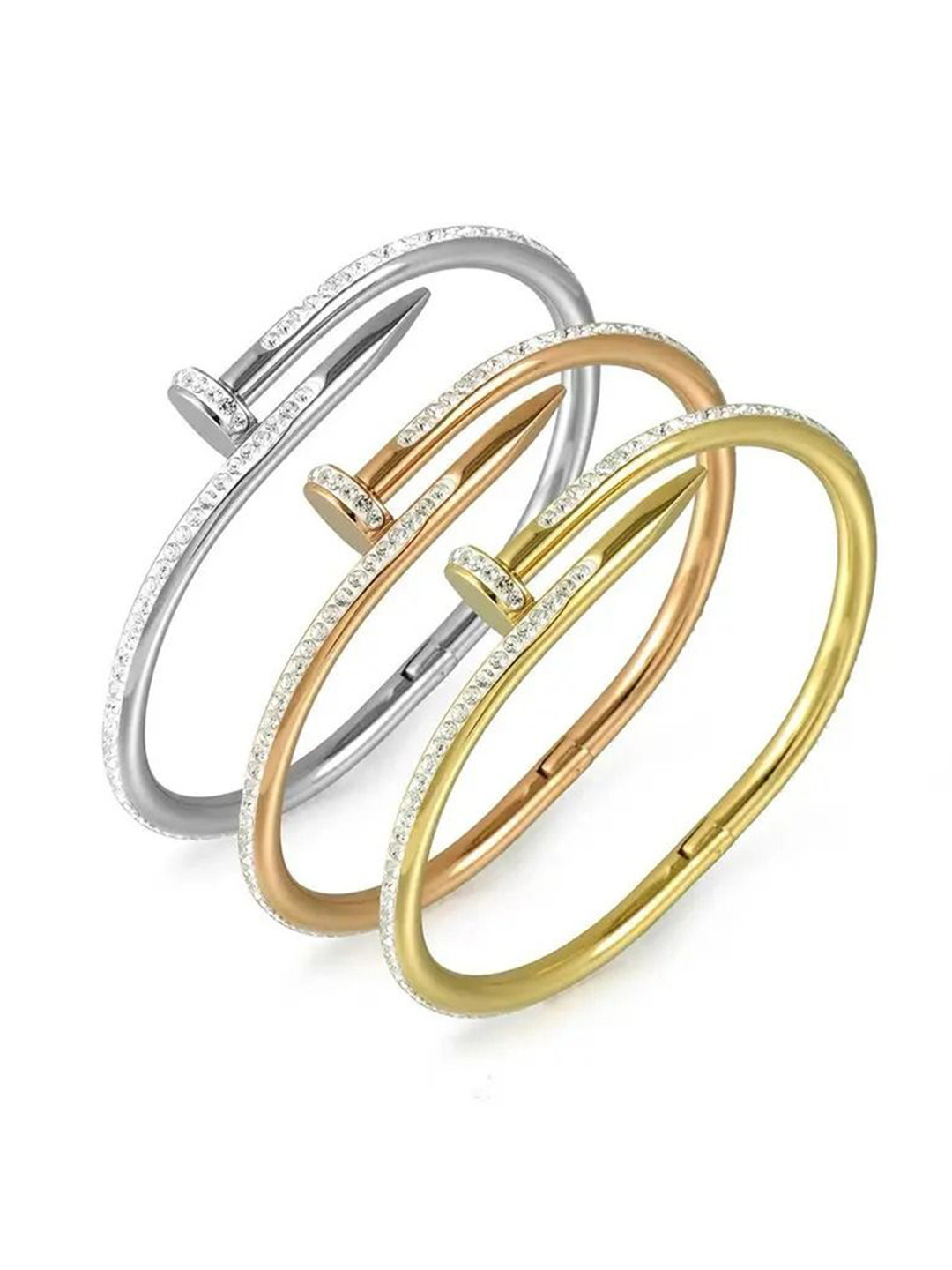 DIVASTRI Set Of 3 Gold-Plated Stainless Steel AD Antique Anti Tarnish Kada Bracelets