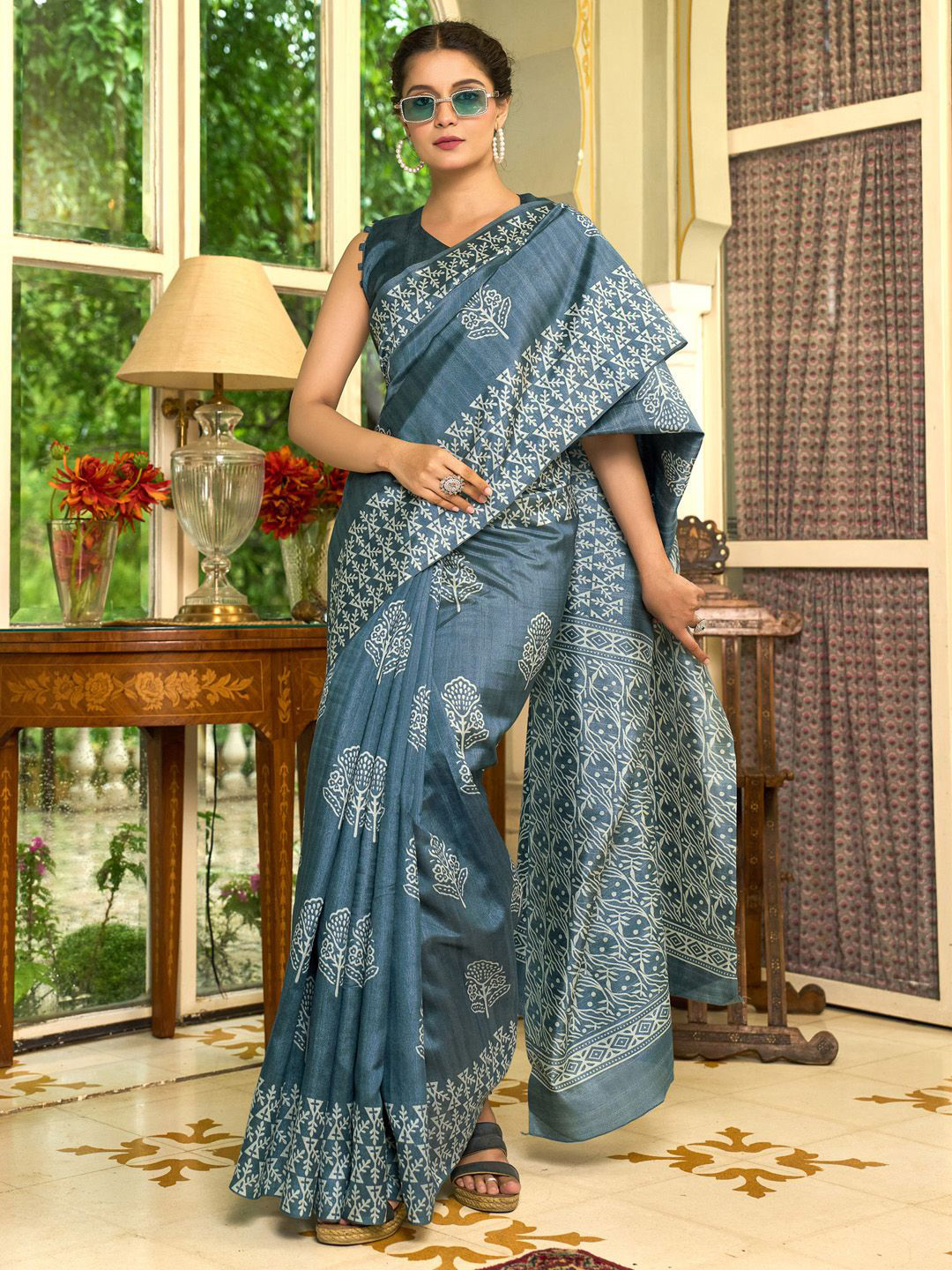 KALINI Bagh Silk Blend Designer Block Print Saree