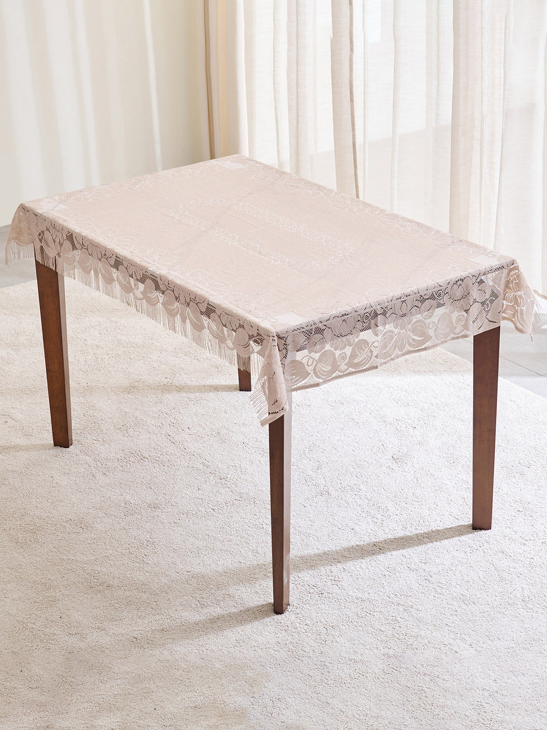 Home Centre Corsica Ezra Fringe Beige Floral 4-Seater Table Cover