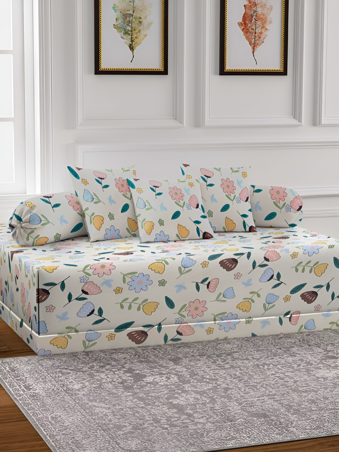 Arrabi Cream-Color & Blue 6 Pieces Floral Printed Cotton Diwan Set