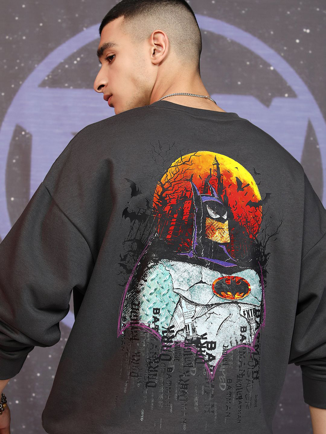 HIGHLANDER Men Warner Bros Bat Printed Oversized Pullover Sweatshirt