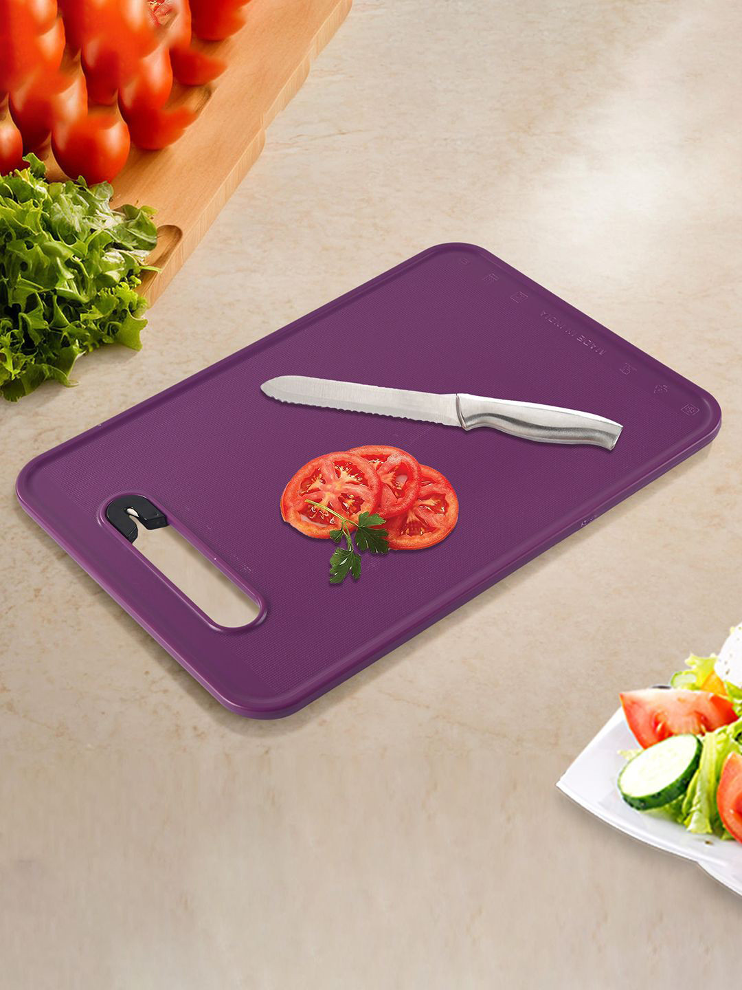 Kuber Industries Purple 2-in 1 Plastic Chopping Board for Kitchen with Knife Shapener