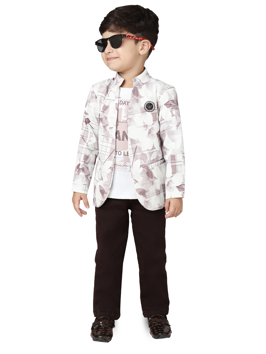 BAESD Boys Printed Mandarin Collar Blazer with Trouser & T-Shirt 3-Piece Suit