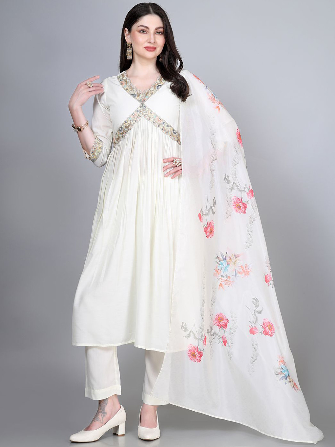 Laxis Floral Embroidered Regular Sequinned Kurta with Trousers & Dupatta