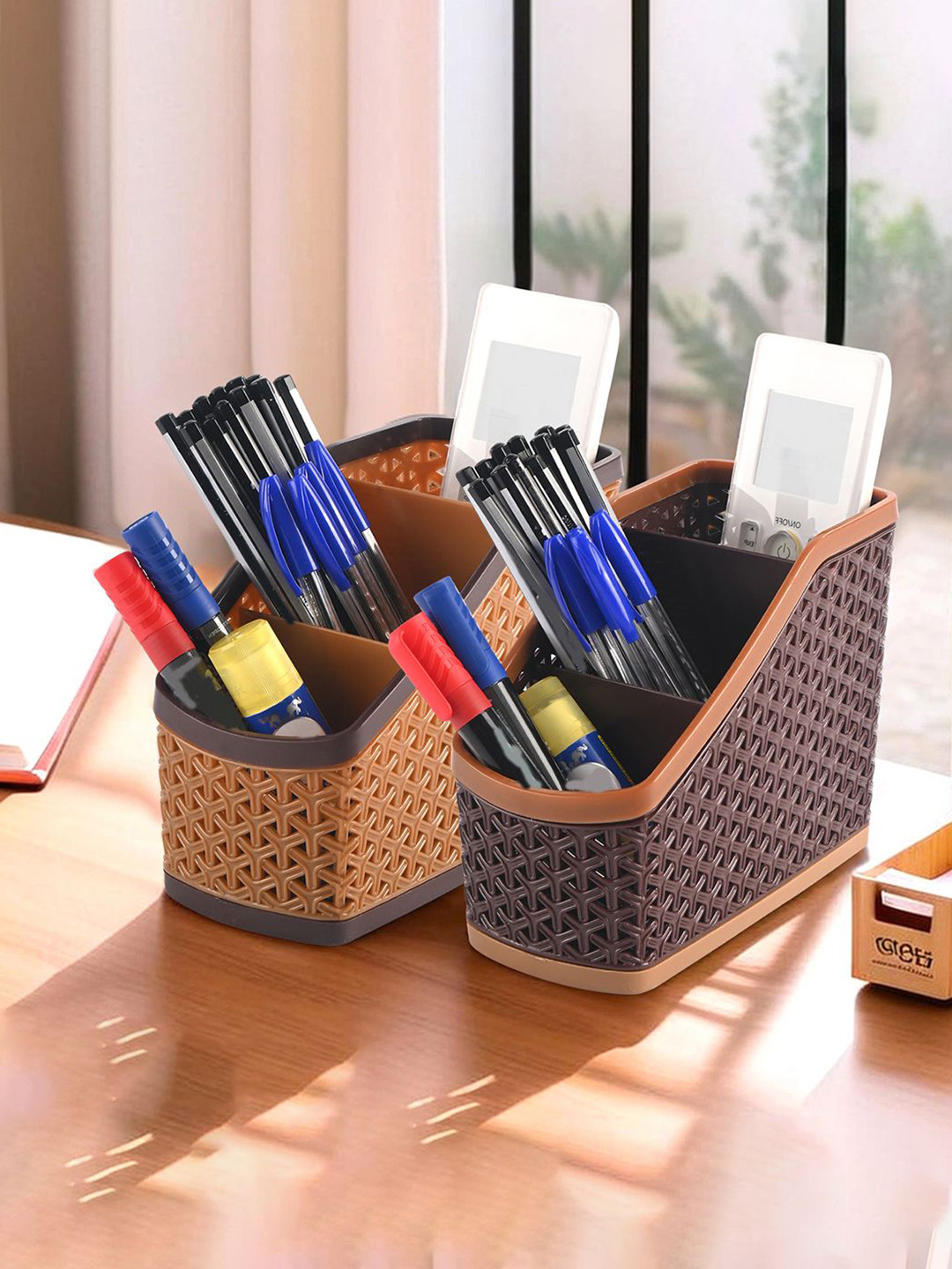 Kuber Industries Brown & Tan 3 Pieces Self Design Pen Cases Stationery