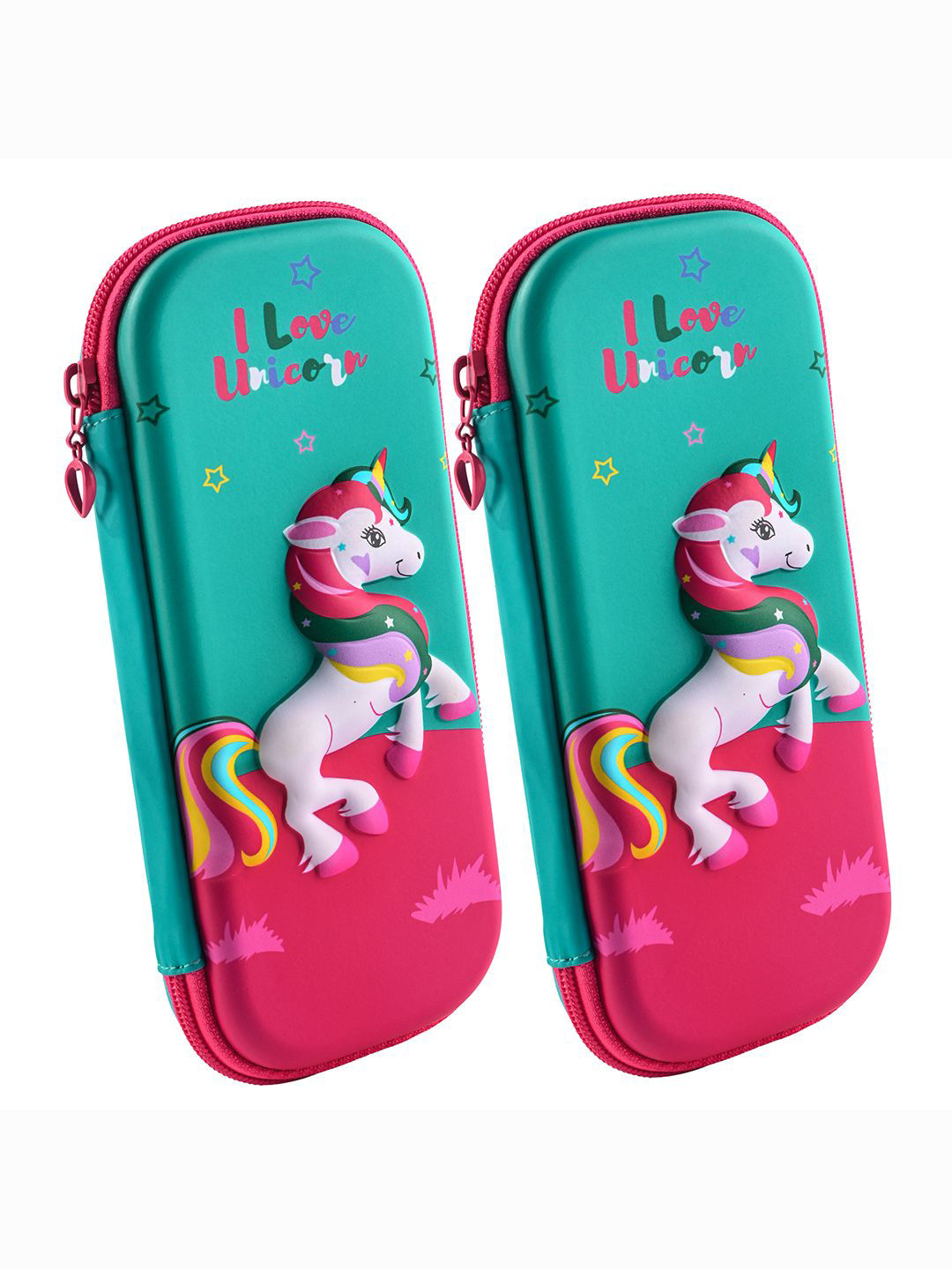Kuber Industries Pink & Green 2 Pieces Unicorn 3D Printed Pencil Box with Zip