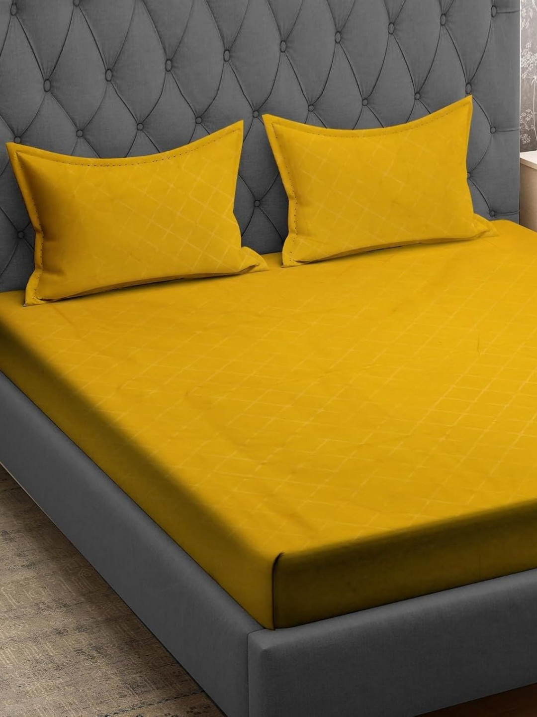 Aura Rr Creations Yellow Geometric Microfiber 144 TC Queen Bedsheet with 2 Pillow Covers-90 x 100 inches