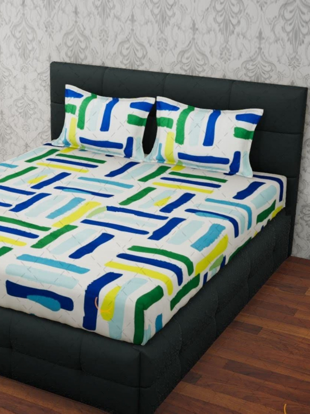 Aura RR Creations White Geometric Cotton 144 TC Queen Bedsheet with 2 Pillow Covers-90 x 100 inches