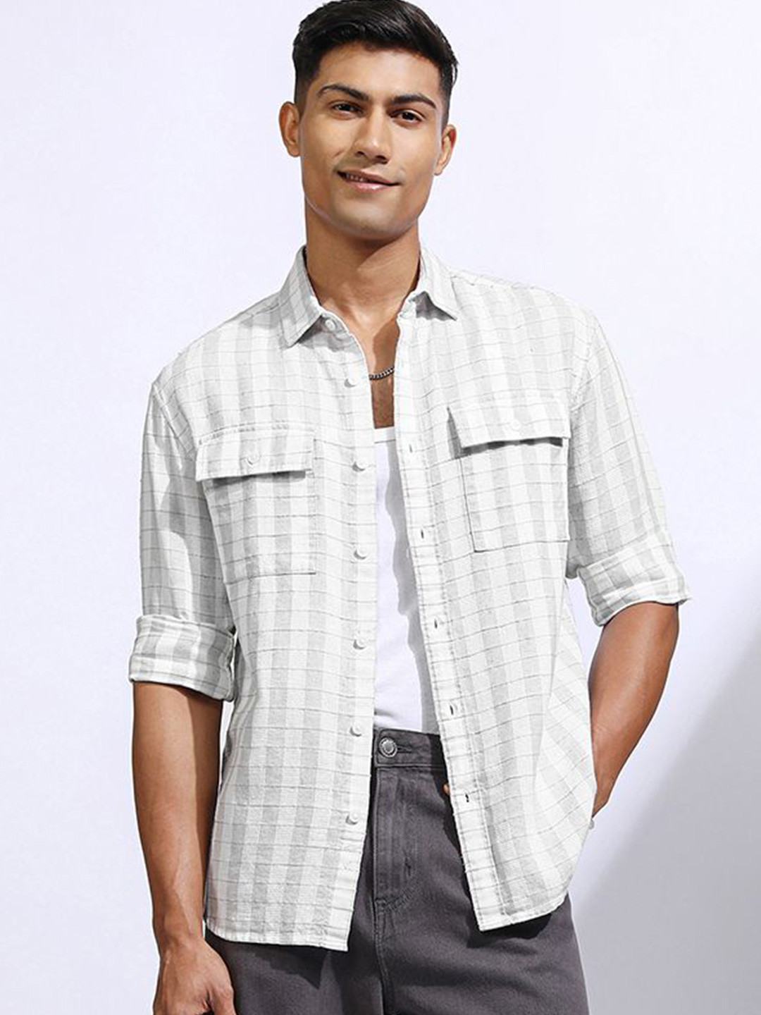 LOCOMOTIVE Premium Men Cotton Linen Textured Checked Utility Pocket Relaxed Shirt