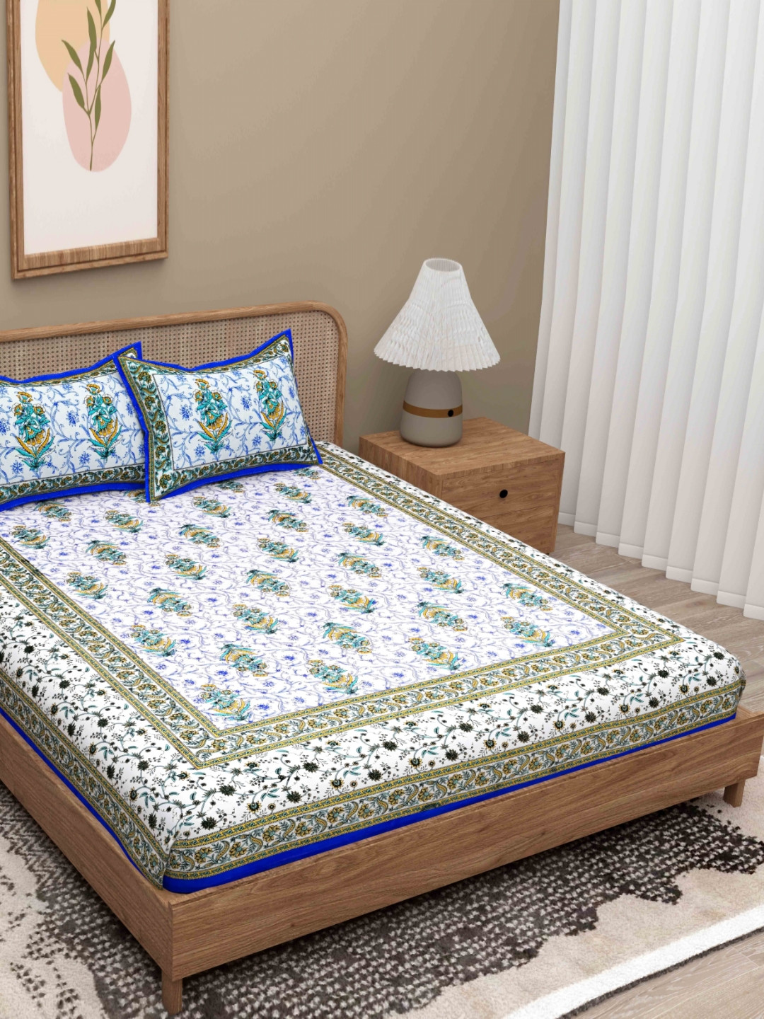 Lali Prints Valentines Day Special Blue Floral Cotton 180 TC Queen Fine Bedsheet with 2 Pillow Covers-108 x 90 inches