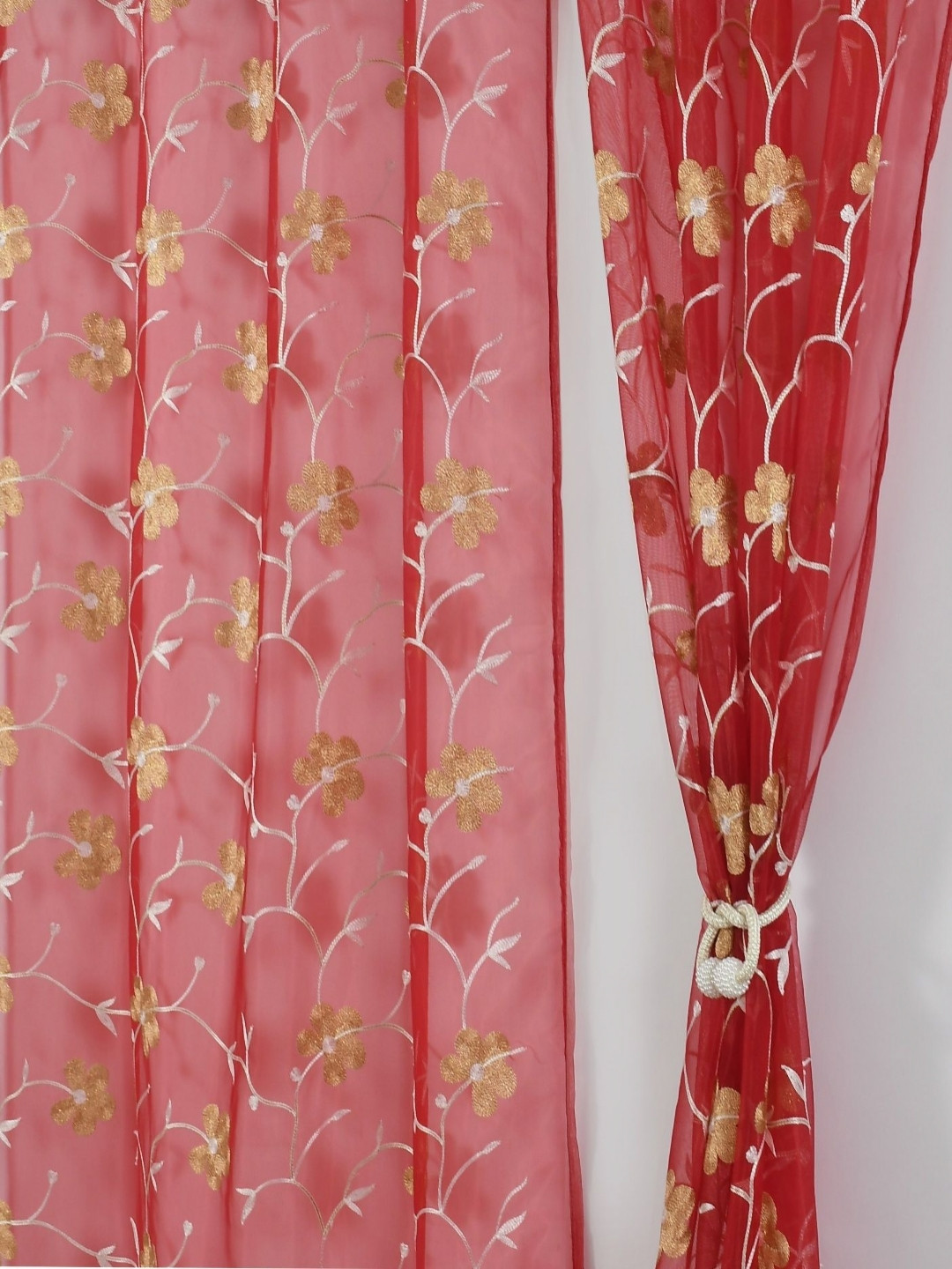 Aura Maroon & Yellow Set of 2 Embroidered Sheer Long Door Curtain