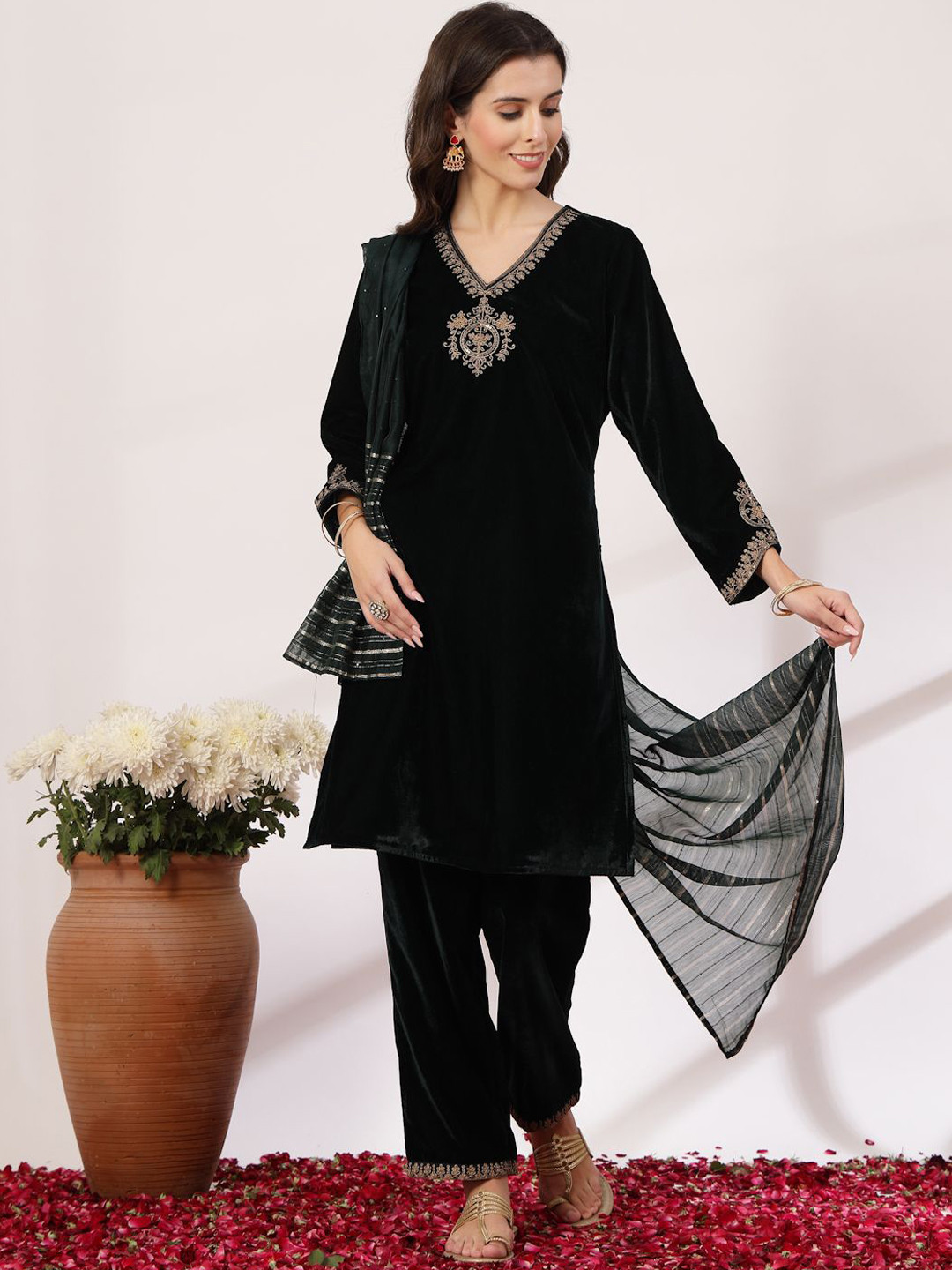 Nayam By Lakshita Floral Embroidered Velvet Kurta With Palazzos & Dupatta