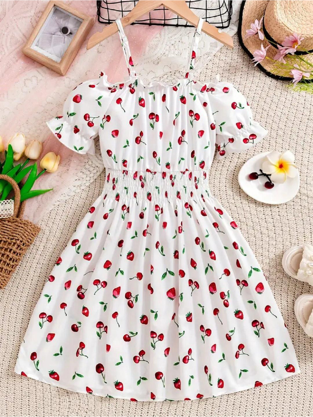 Miss & Chief Girls Conversational Printed Puff Sleeves Fit & Flare Dress