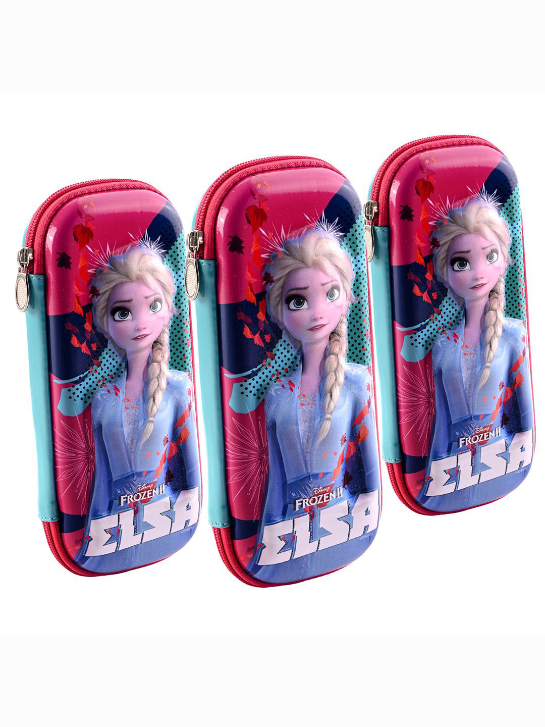 Kuber Industries 3 Pieces Pink & Blue Frozen Elsa 3D Printed Pencil Box with Zip