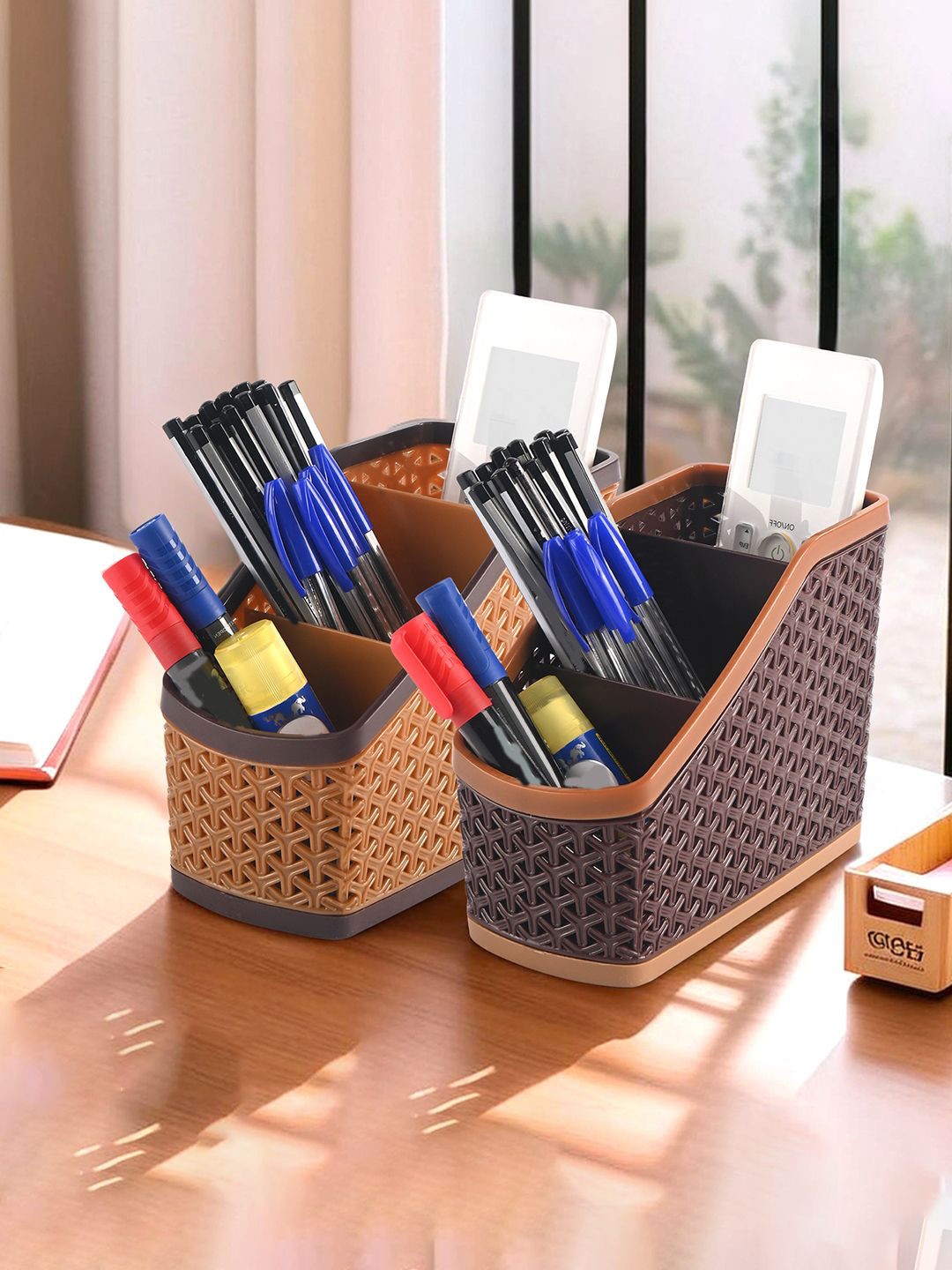 Kuber Industries Brown & Tan 6 Pieces Self Design Pen Cases Holders