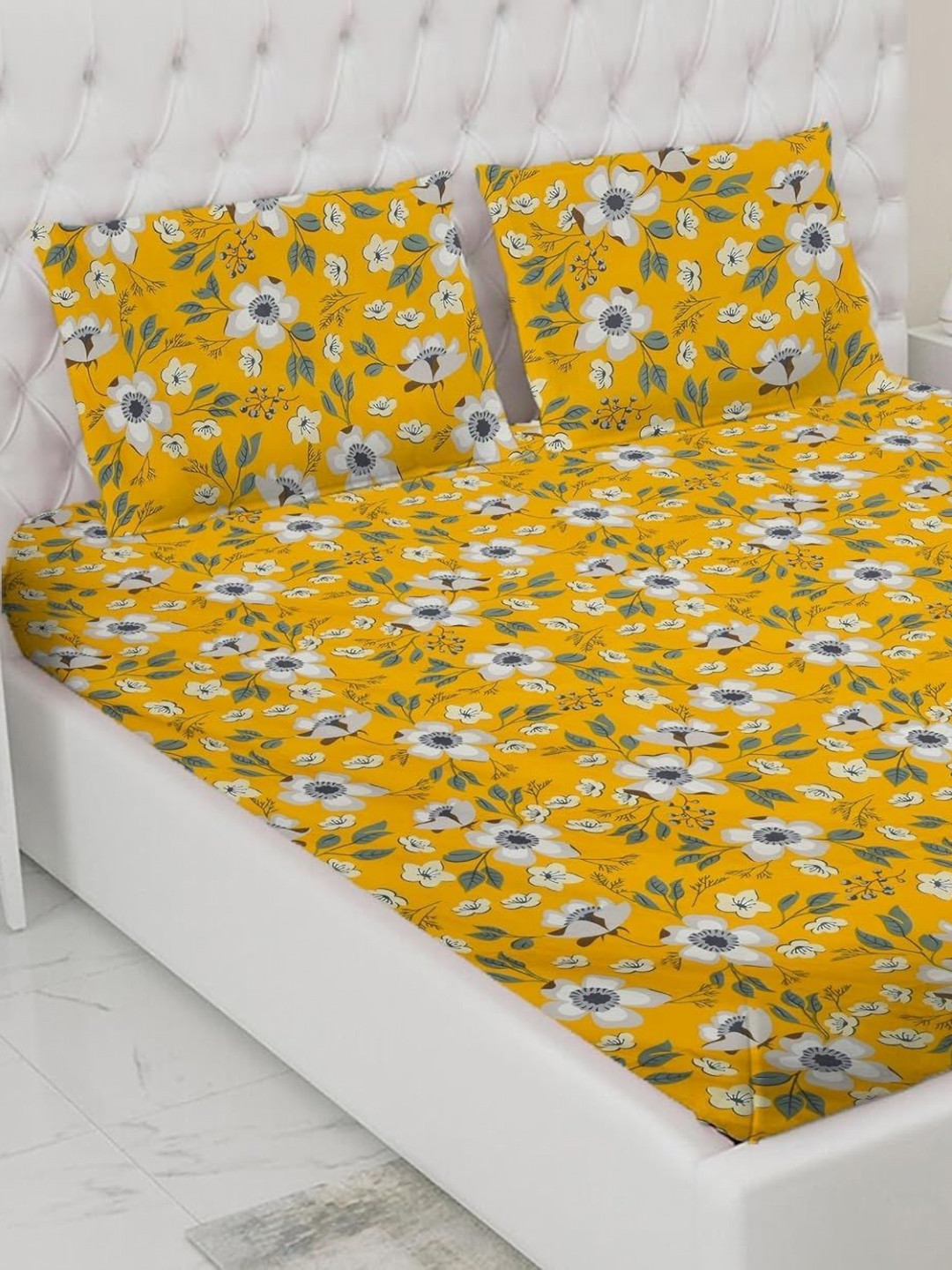 Aura Rr Creations Yellow Floral Microfiber 144 TC Queen Bedsheet with 2 Pillow Covers-90 x 100 inches