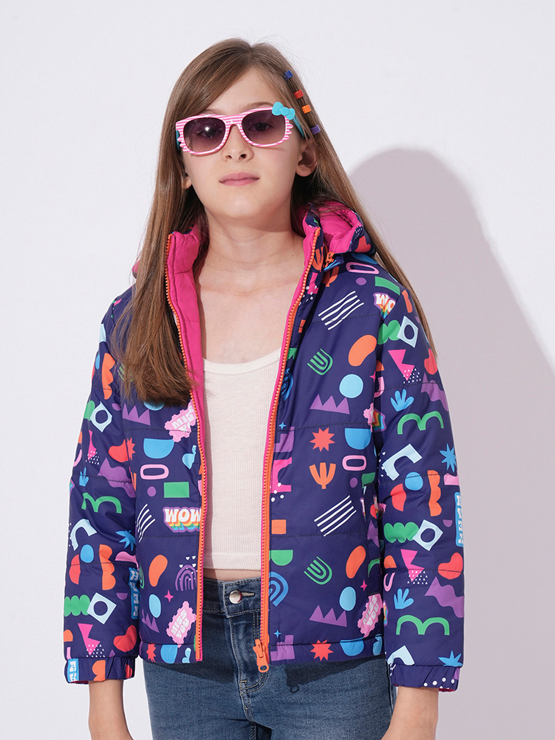 Vero Moda Girls Hooded Conversational Printed Casual Puffer Reversible Jacket